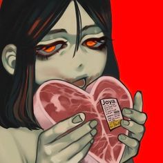 a painting of a woman holding a piece of meat in front of her face with red eyes