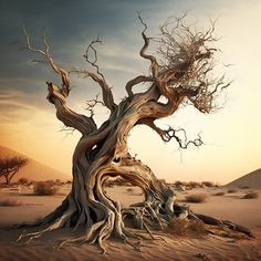 an old dead tree in the desert at sunset