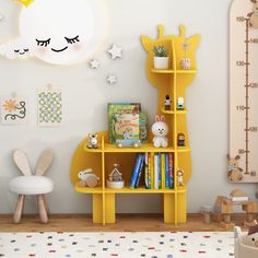 a child's room with yellow shelves and toys