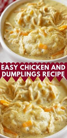 two bowls filled with chicken and dumpling soup