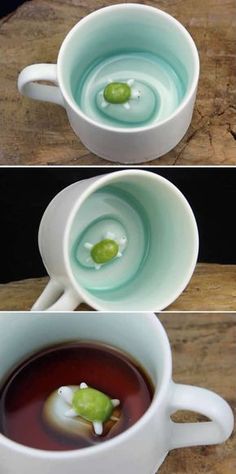 three pictures show the process of making liquid in a cup, and then pouring it into a bowl