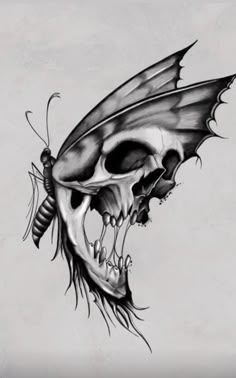 a black and white drawing of a skull with a butterfly on it's head