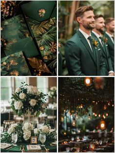 green and gold wedding color palettes with white flowers, greenery, pineconi