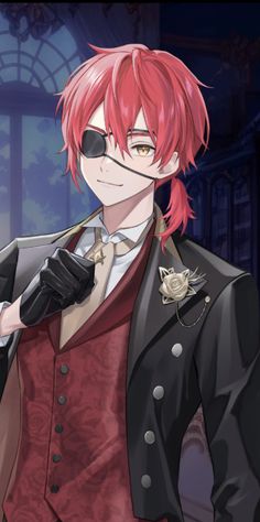 an anime character with red hair and black glasses, wearing a suit and bow tie