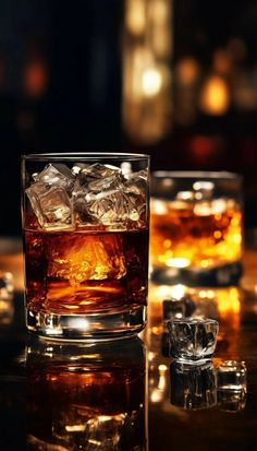 two glasses filled with ice sitting on top of a table