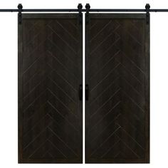 an image of a pair of black wood doors with metal bars on each side and the door