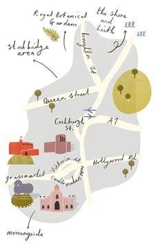 a map with some words on it and pictures in the middle, including buildings and trees