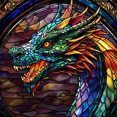 a stained glass window with a dragon's head in the center and colorful colors