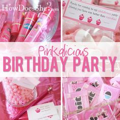 pink birthday party with candy, candies and cupcakes