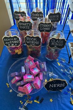 a table topped with lots of candy and snacks