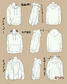 various hoodies and sweatshirts are shown in this drawing style, with japanese writing on the