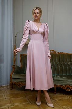 Dusty Pink Satin Bow Back Midi Dress Pink Sunday Dress, Midi Prom Dress, Party Dress Elegant, Pink Silk Dress, Sunday Dress, Satin Long Sleeve, Long Sleeve Evening Dresses, White Sky, Dresses Cheap