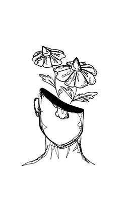 a black and white drawing of a man with flowers on his head in front of him