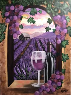 a painting of two wine glasses and some grapes in front of a window with a view of the vineyard