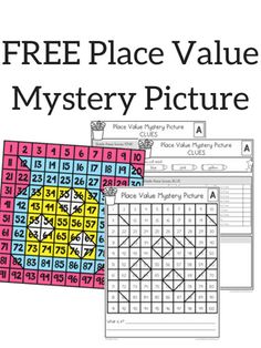 the free place value mystery picture is shown in three different colors and numbers, including one with