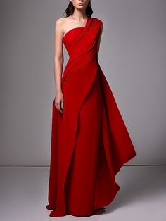 Entourage Gowns, Red Green Dress, Formal Wedding Guest Dress, Formal Wedding Guests, Gown Red, Dress With Pleats, Evening Dresses Online, Shoulder Stretch, Dresses Formal Elegant