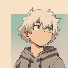 an anime character with white hair and blue eyes wearing a gray hoodie looking at the camera