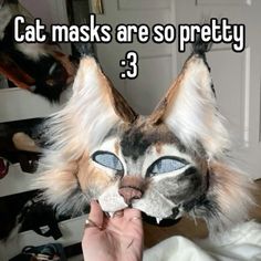 a cat mask is being held up to its face with the caption, cat masks are so pretty 3