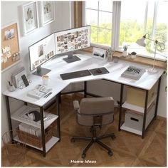 an office desk with two computer screens and a chair in front of the desk is shown