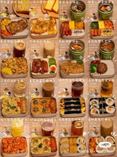 a table topped with lots of trays filled with different types of food and drinks