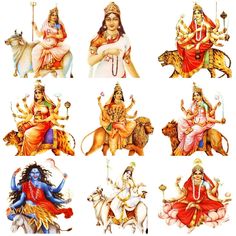 the nine avatars of hindu deities are depicted in this illustration, which depicts them on horseback