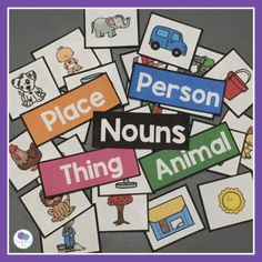 there is a pile of pictures with words in them that say place, person, nourishment, thing, animal