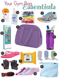 the contents of a gym bag are shown in this graphic above it's description