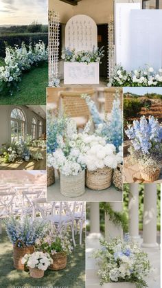 wedding flowers and decorations at a country house in the sun set up for an outdoor ceremony