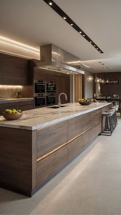 a modern kitchen with an island and bar stools in the center, surrounded by wooden cabinets