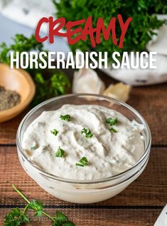 creamy horseradish sauce in a glass bowl with parsley