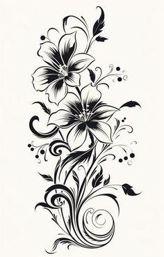 black and white drawing of flowers with swirls on the bottom half of each flower