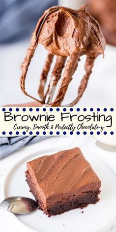 a piece of brownie with frosting on a plate and a fork in the foreground