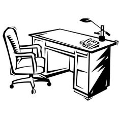 a black and white drawing of an office desk with a computer on it, next to a chair