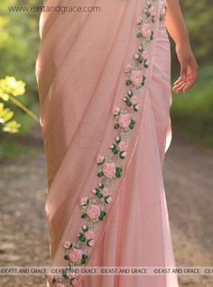 Pure Chiffon Sarees, Pure Chiffon, Embroidery Saree, Elegant Saree, Stylish Sarees, Ribbon Work, Saree Dress