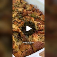 a casserole dish filled with stuffing and vegetables