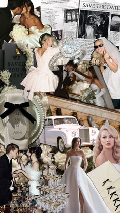 wedding collage with bride and groom surrounded by vintage cars, photos, and newspaper clippings