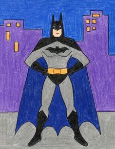 a child's drawing of batman standing in front of a cityscape at night