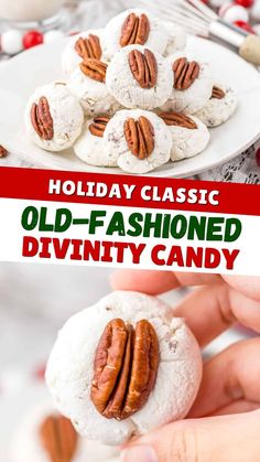 Old-Fashioned Divinity Candy topped with pecans - a holiday classic. Divinity Cookies, Santa Desserts, Divinity Candy, Christmas Recipes For Kids, Bake Christmas, Work Recipes, Christmas Sweet Treats, Best Christmas Desserts, Pinterest Christmas