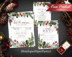 christmas wedding stationery with pine cones and holly