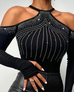 Olivia Mark - Top ajustado sin hombros con adorno de strass Rhinestone Top, Lace Cutout, Long Sleeve Tops Casual, Turtle Neck Top, Inspiration Mode, Top Casual, Look Fashion, Long Tops, Join Us