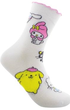 Brand New SANRIO HELLO KITTY Ladies 2 Pair Of Crew Socks Shoe Size 4-10 HELLO KITTY, MY MELODY, POMPOMPURIN, KEROPPI, CHOCOCAT 98% Polyester, 2% Spandex High Point Design Brand Cute White Non-slip Socks, White Non-slip Fun Socks, White Fun Non-slip Socks, Fun White Non-slip Socks, Point Design, Tea Towel Gift, Disney Dogs, Pj Shorts, Hello Kitty My Melody