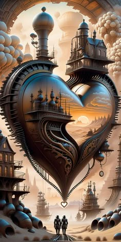 two people are standing in front of a heart shaped building with steampunks on it