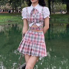 Product Show： Korean Preppy Style, Korean Preppy, Pleated Plaid Skirt, Pink Plaid Skirt, Kawaii Skirt, Pleats Pattern, Pink Pleated Skirt, Pink Kawaii, Blouse Summer