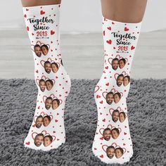 These crazy Christmas socks are perfect for a party this holiday season. Let the festivities begin! With more color and cheer than ever before, your feet will be ready to rock any holiday occasion. Show your festive side and give the gift of fun socks!They are perfect for any couple or can be great gifts for your wife, husband, girlfriend or boyfriend. You can get these socks for your parents too.They're not only super unique for Christmas Eve, but also one of a kind anniversary or Valentine's gift.!MESSAGE: Together since... PRODUCT DETAILS: Material: 90% polyester and 10% spandex. Measures: 3.5 x 17.7 inches (9 x 45 cm). Superior Mid-calf height. Fun Christmas Gift Socks, Customizable White Socks For Gift, Customizable White Socks For Gifts, Customizable White Socks As Gift, Novelty Christmas Gift Socks, Fun Red Socks For Gifts, Novelty White Socks For Stocking Stuffers, Fun White Socks As Gift, Fun White Socks As A Gift