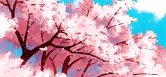 a tree with pink flowers and blue sky in the background