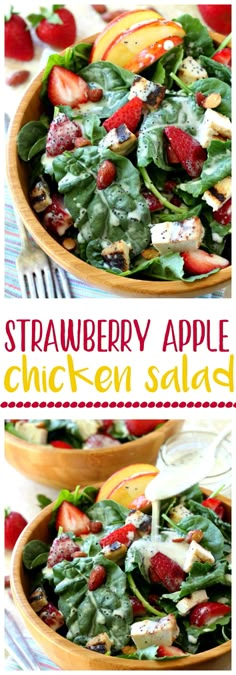 strawberry apple chicken salad in a wooden bowl