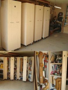 two pictures show the inside and outside of a garage with various items in storage boxes