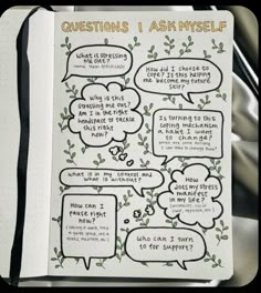 an open notebook with writing on it and two speech bubbles above the page that says questions i ask myself