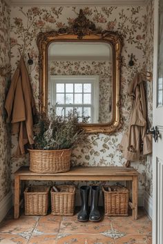 Spacious English country mudroom featuring large gold-framed mirror, rustic bench, and woven storage baskets. Warm English country mudroom design. Cottage Mirror Ideas, Foyer Ideas Entryway Vintage, French Cottage Entryway, Vintage Entryway Ideas, Country Mudroom, Large Ornate Mirror, Antique Entryway, Mudroom Designs, Country Hallway