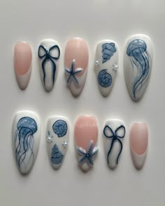 Nails Of The Month, Sea Themed Nail Art, Beach Art Nails, Jellyfish Nails Short, Maine Themed Nails, Vintage Almond Nails, Marine Biology Nails, Manta Ray Nails, East Coast Nails